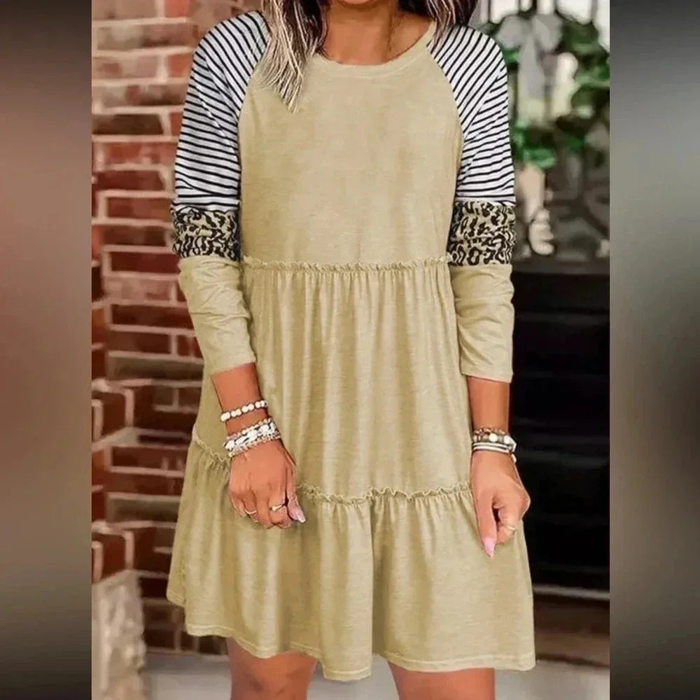 NWT Boutique Mixed Print Frill Trim Long Sleeve Dress - Size Small